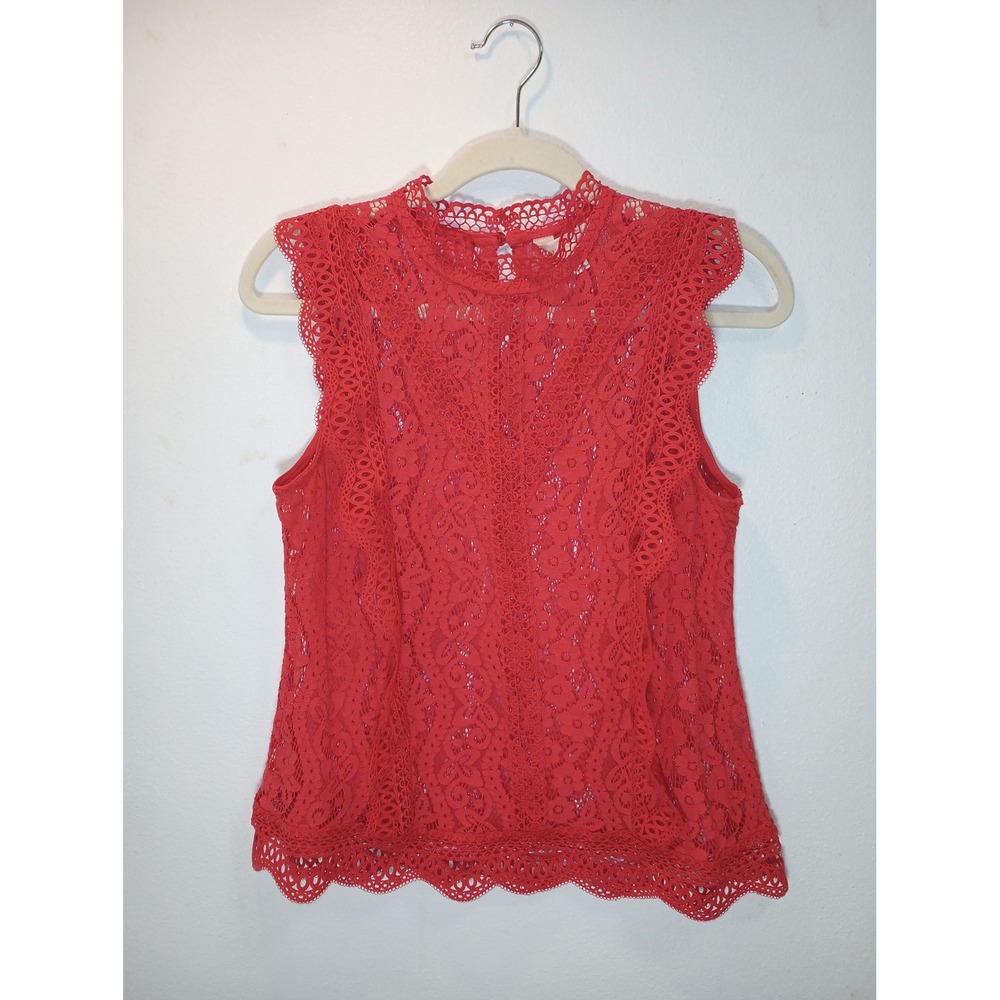 A Diva Red Floral Lace Mock Neck Sleeveless Top Scalloped Trim Size M OfficeChic